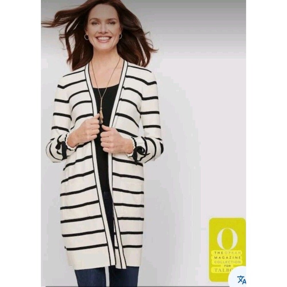 Talbots Oprah Magazine Collection Cardigan Women's XL Cream Black Stripe Sweater